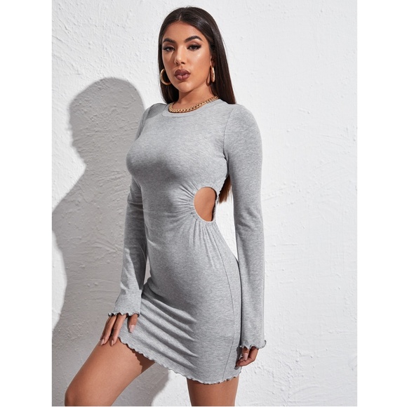Grey Rib-Knit Cut Out Bell Sleeve Mini Dress - Picture 11 of 16